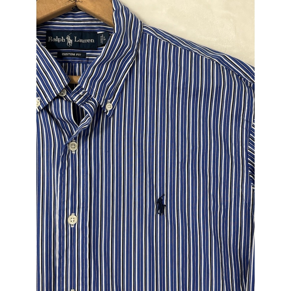 Ralph Lauren Custom Fit Blue Stripe Button Down Shirt Mens L Pony Cotton 0725